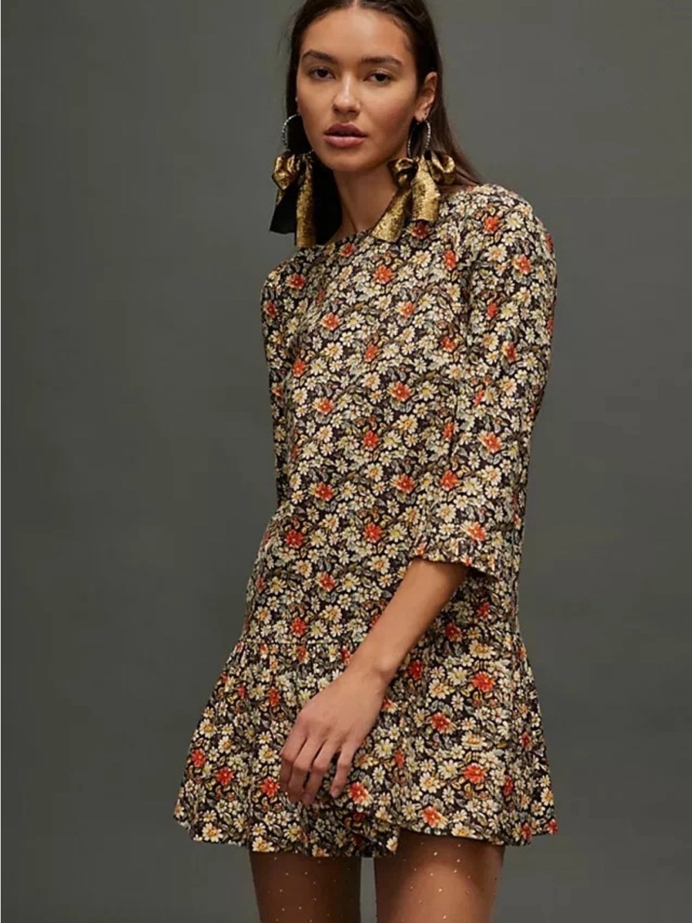Free People "The Avenue" Mini Dress Black Floral Print 3/4 Sleeves Ruffle Hem M